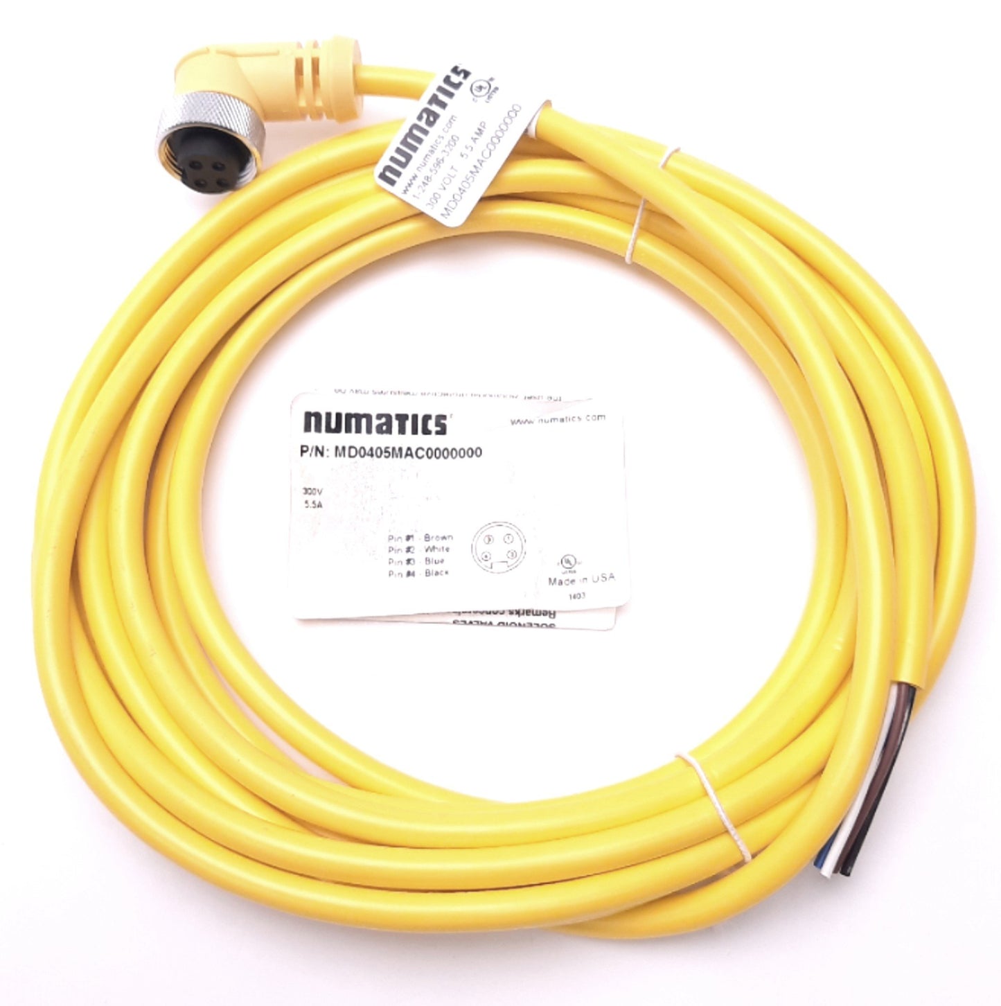 New – Open box Numatics MD0405MAC0000000 Single End Cordset 7/8" Mini Female Elbow to Leads, 5m