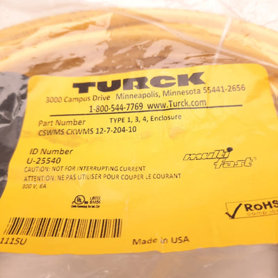 New Turck CSWMS CKWMS 12-7-204-10 Right Angle Cable, M23 12-Pin Male/Female, 10m