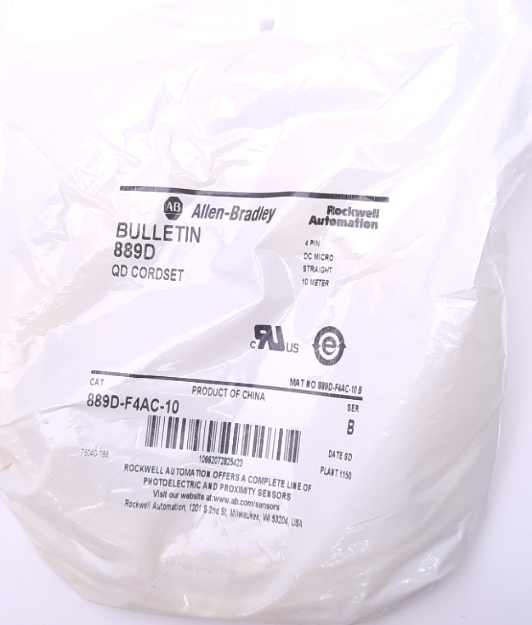 Allen Bradley 889D-F4AC-10 Sensor Cable Cordset 4-Pin, DC Micro Female ...