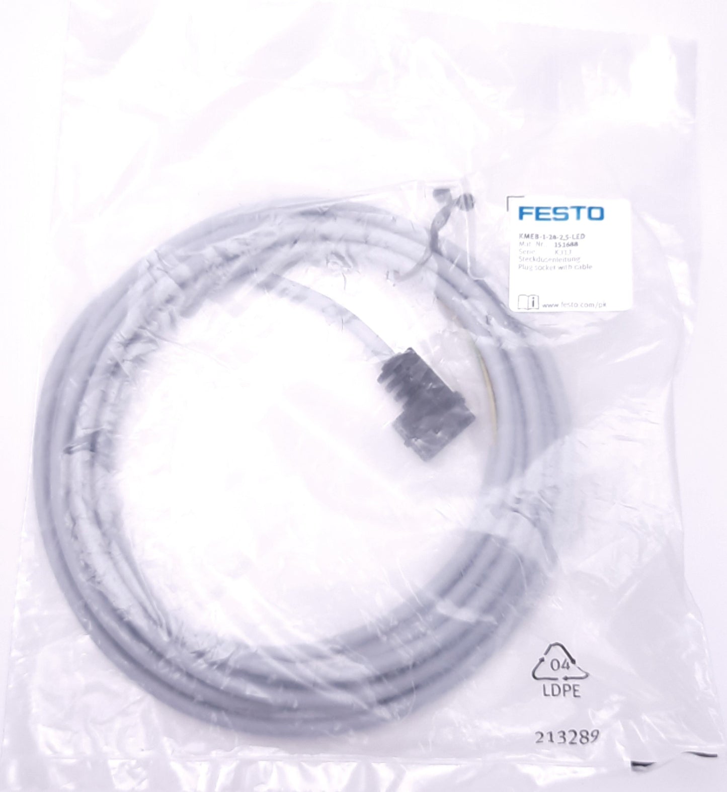 New Festo KMEB-1-24-2.5-LED Plug Socket With Cable Angled, 3-Pin Type C, 151688