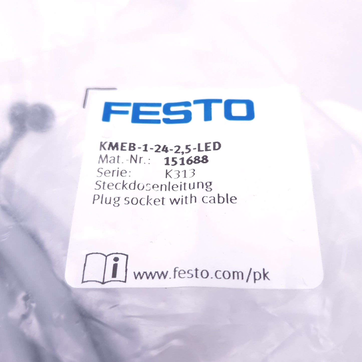 New Festo KMEB-1-24-2.5-LED Plug Socket With Cable Angled, 3-Pin Type C, 151688