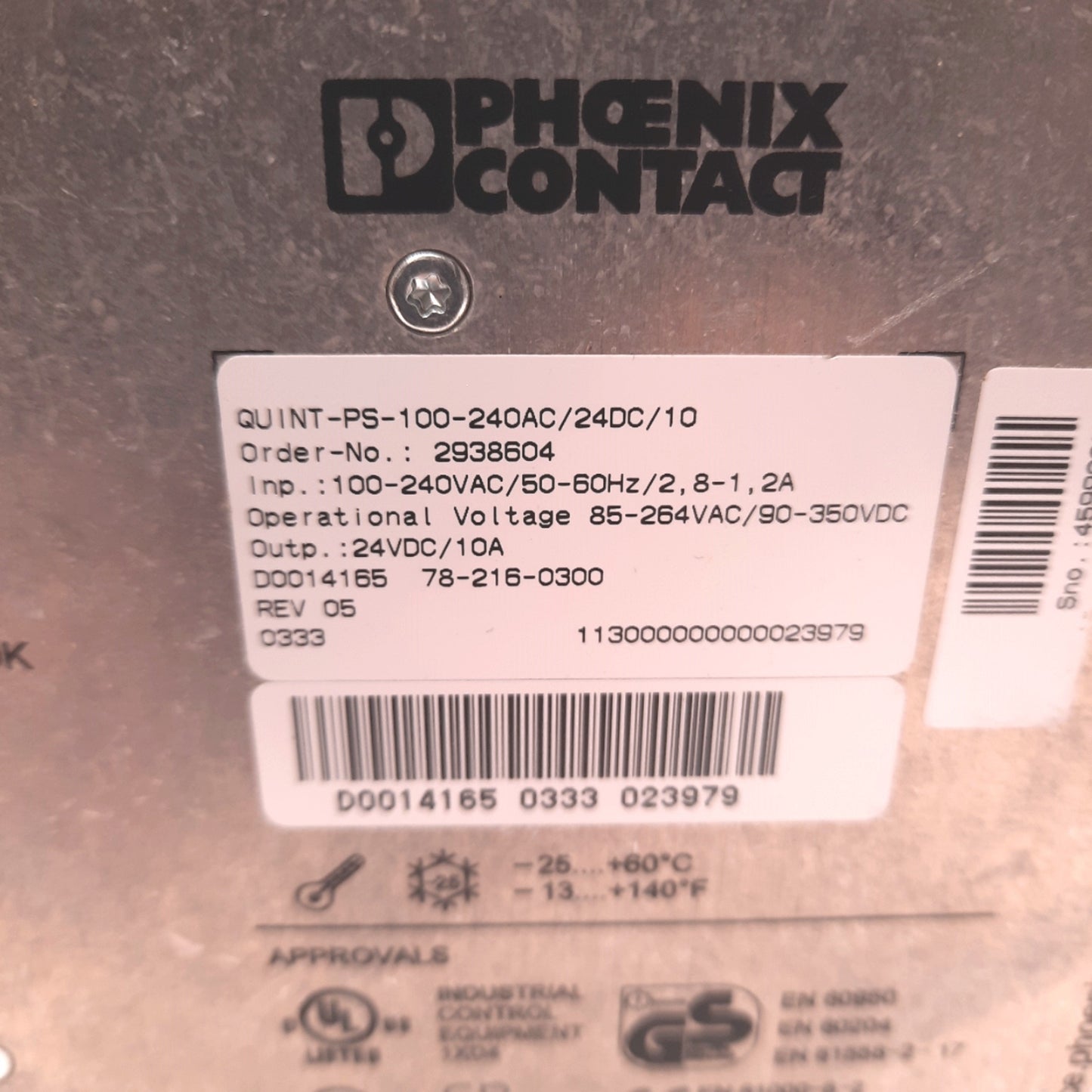 Used Phoenix Contact QUINT-PS-100-240AC/24DC/10 Power Supply 85-264VAC, 24VDC, 10A