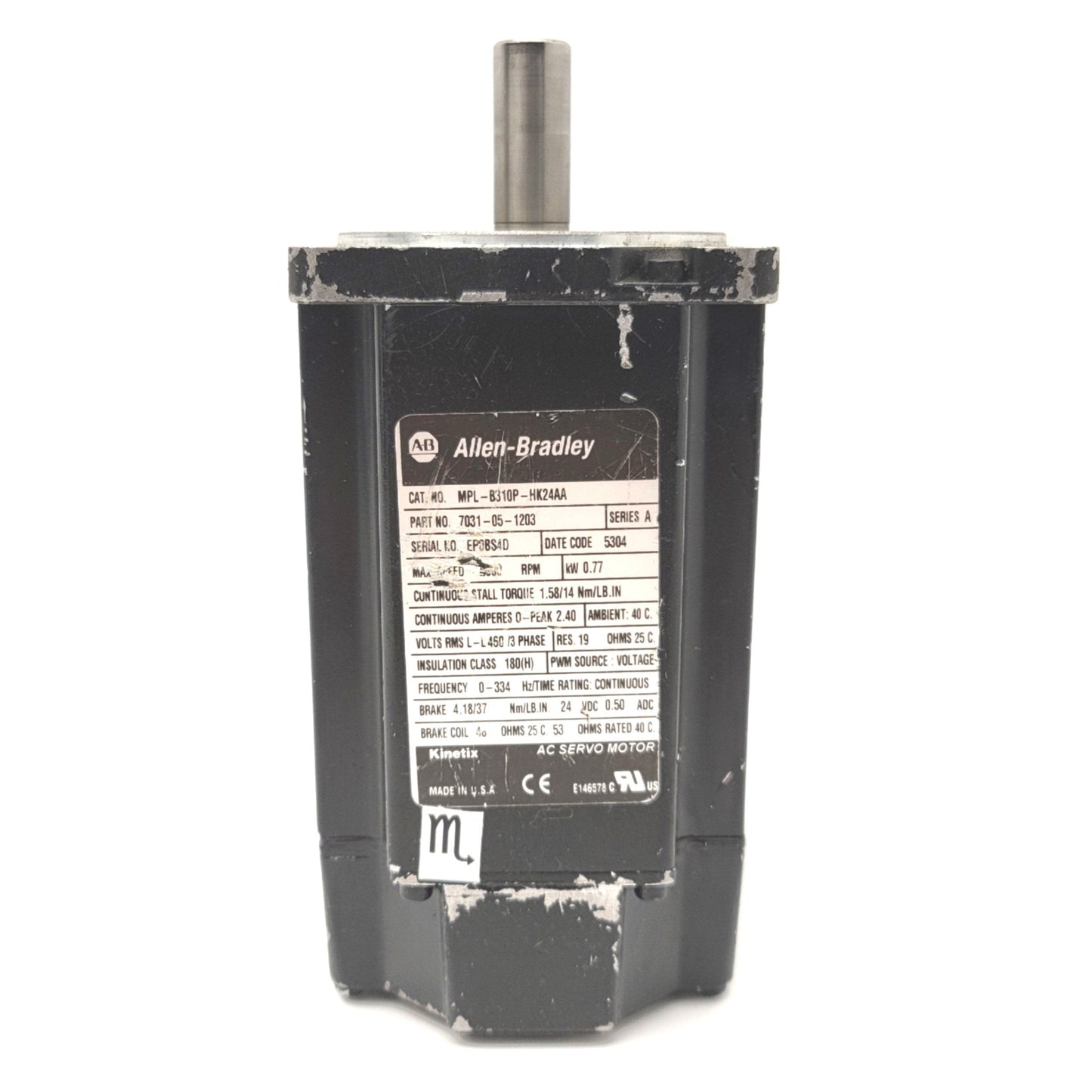 Used Allen Bradley MPL-B310P-HK24AA Servo Motor W/Brake 0.77kW, 100mm Frame, 460VAC