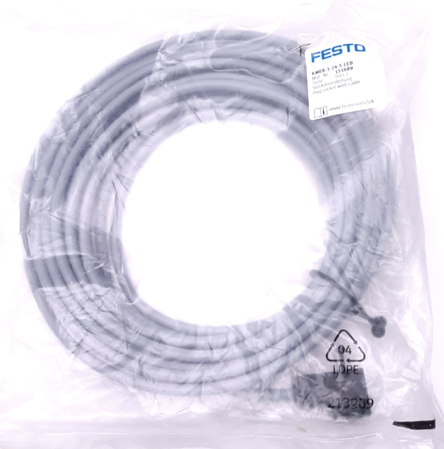 New Festo KMEB-1-24-5-LED Plug Socket With Cable Angled, 3-Pin Type C, 151689