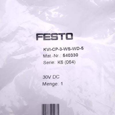 New Festo KVI-CP-3-WS-WD-5 Ninety Degree Connection Cable M9 5-Pin, 5m, 540330