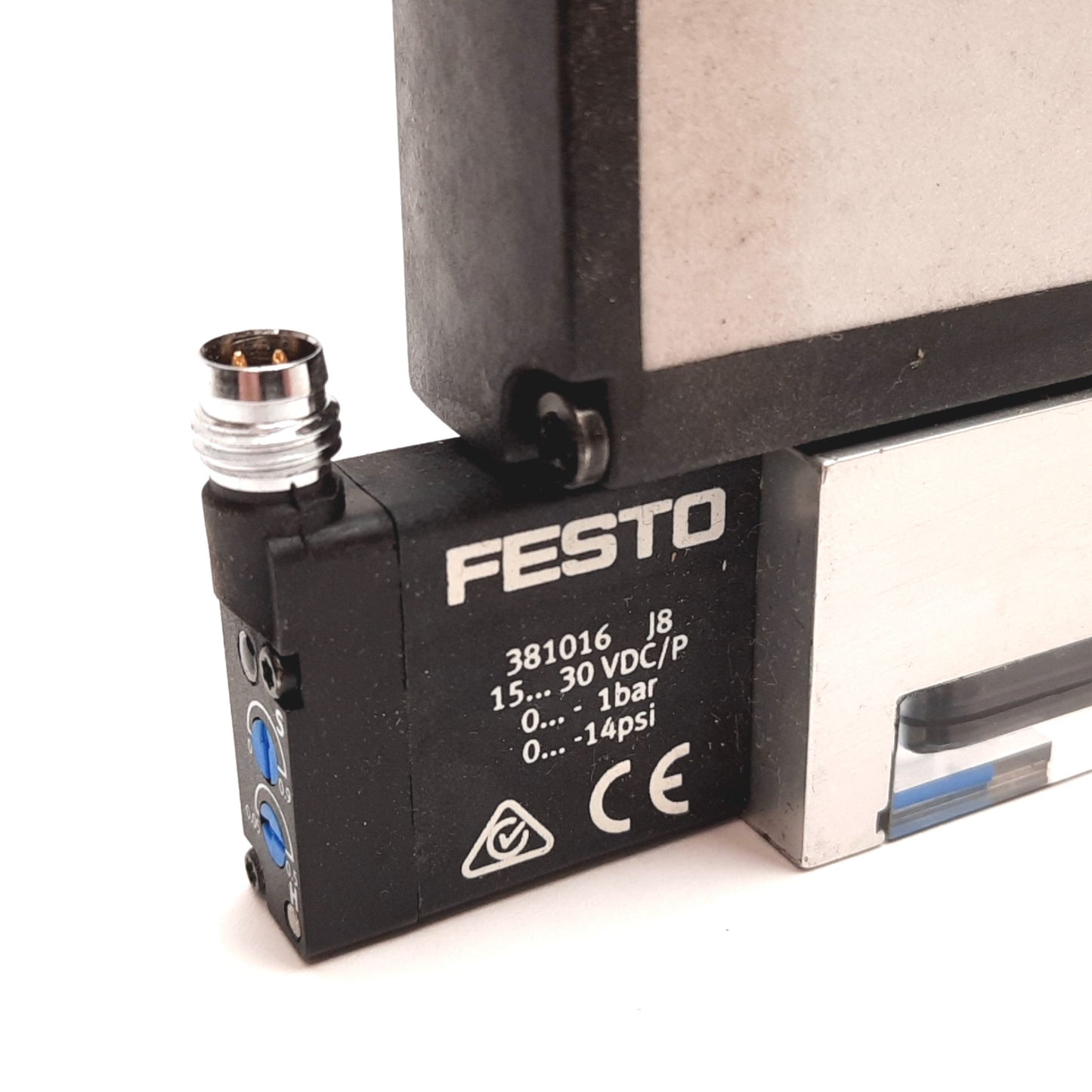 Used Festo VADMI-300-P Vacuum Generator, PNP, 24VDC, 2-8 Bar, G3/8", G1/4"