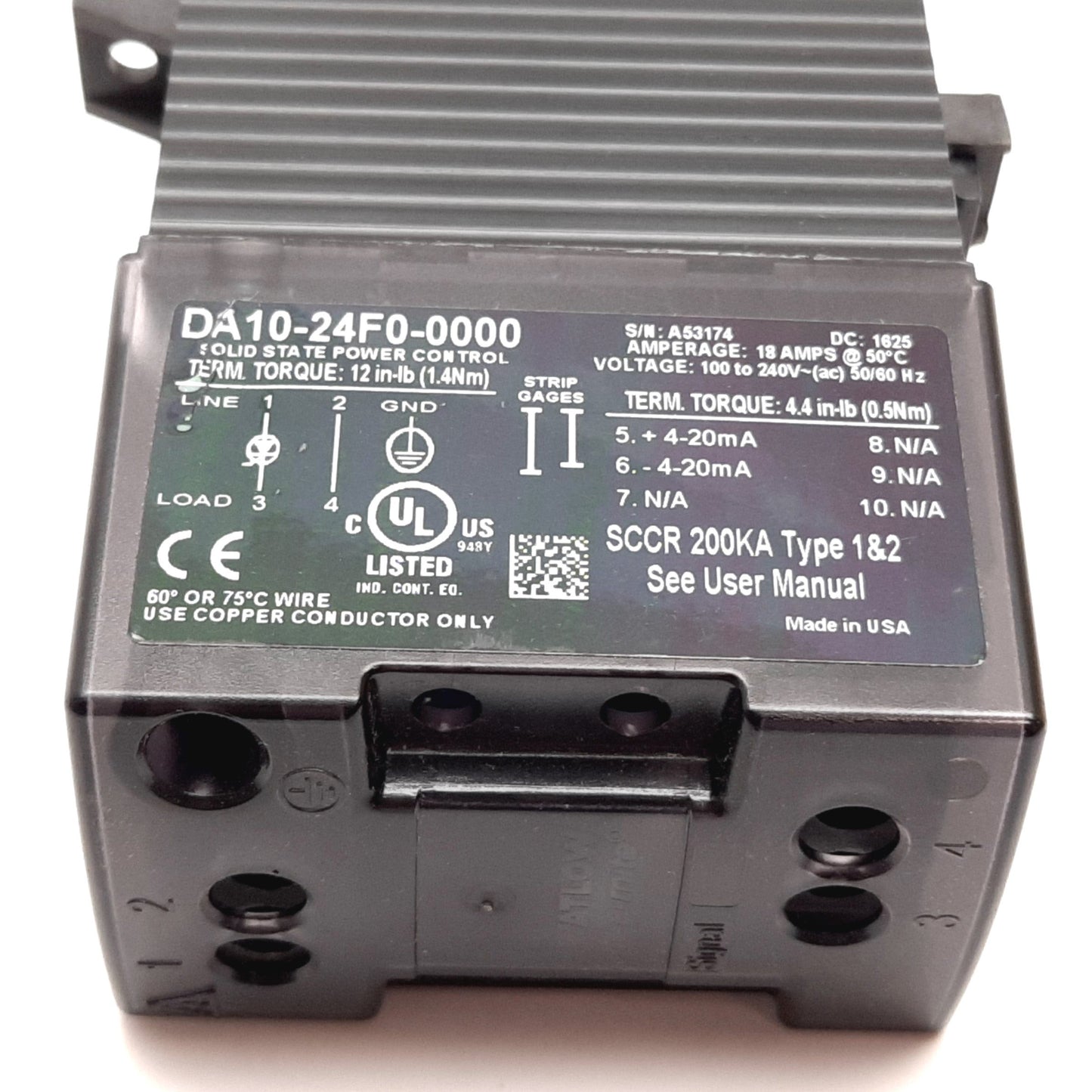 Used Watlow DA10-24F0-0000 Solid State Power Controller, 4-20mA, 100-240VAC 18A