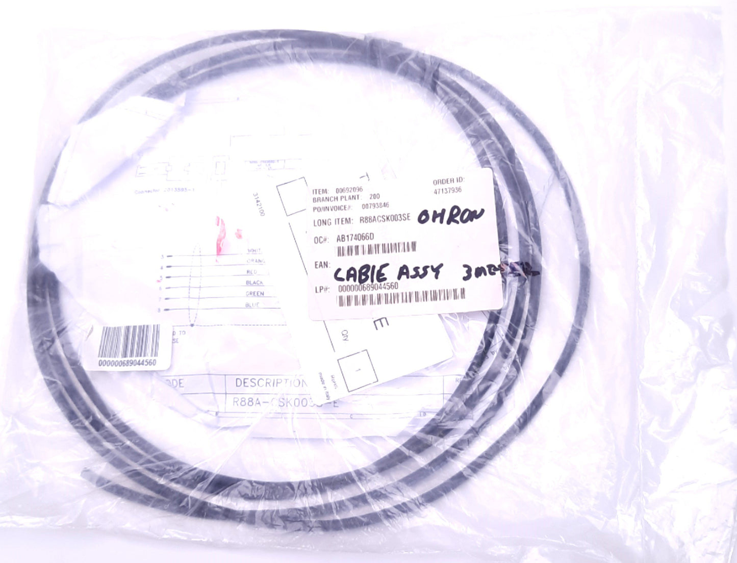 New Omron R88A-CSK003S-E Safety Signal Cable CN8, Mini I/O to Flying Lead, 3m Length