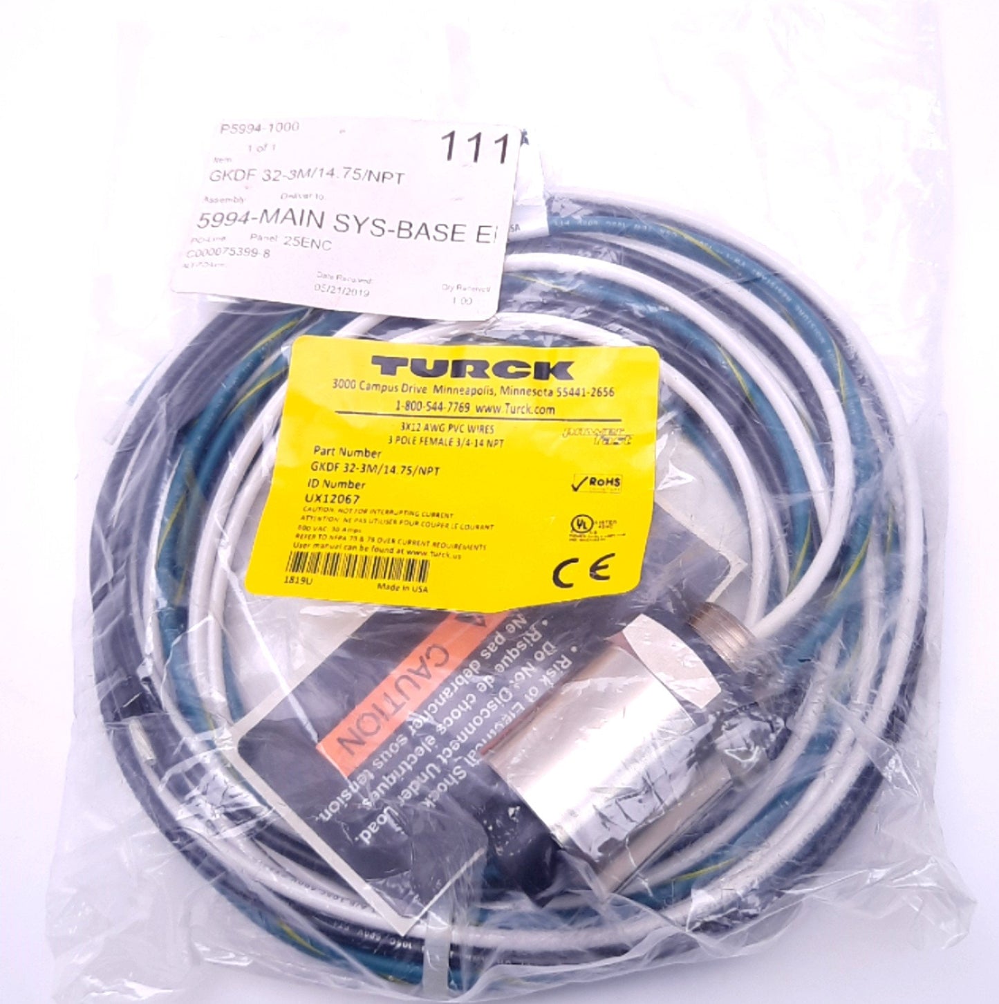 New Turck GKDF 32-3M/14.75/NPT D-Size 1-3/8" Female Receptacle 3-Pin, UX12067