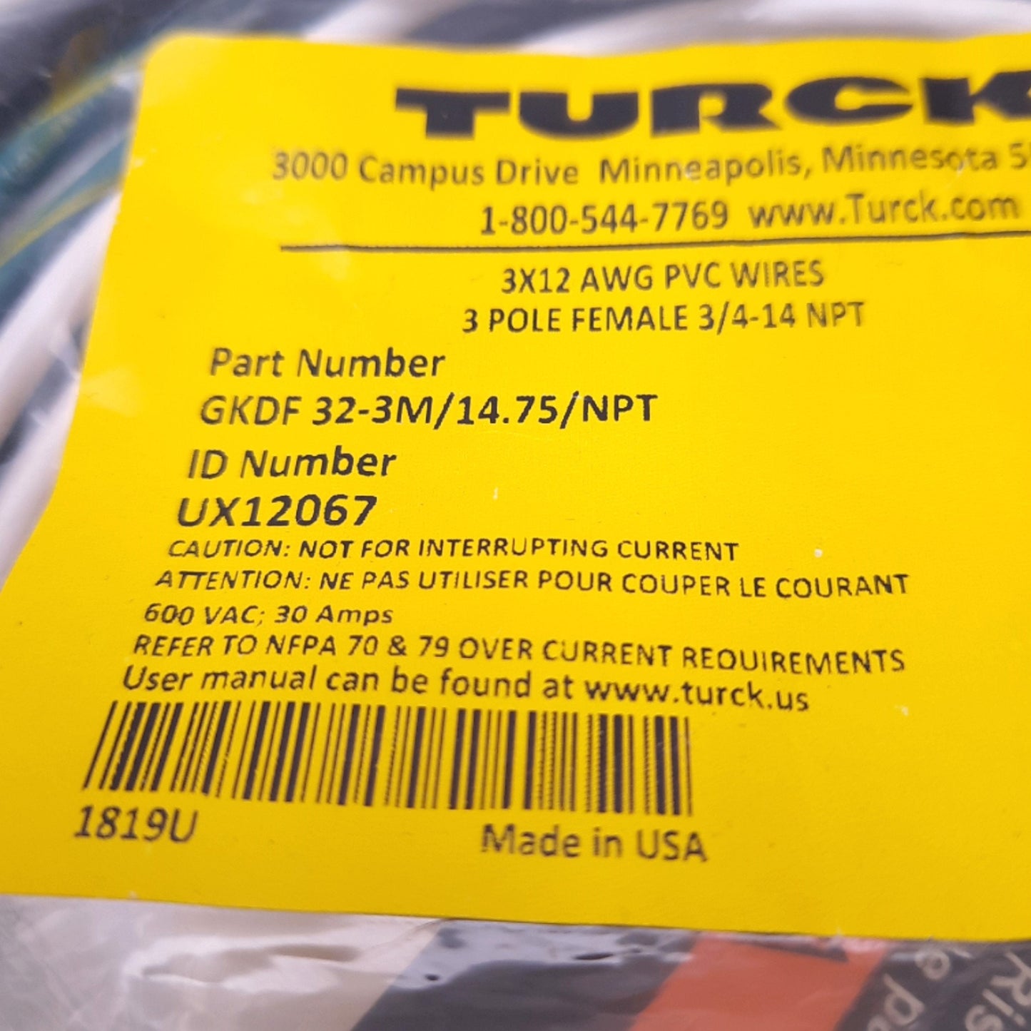 New Turck GKDF 32-3M/14.75/NPT D-Size 1-3/8" Female Receptacle 3-Pin, UX12067