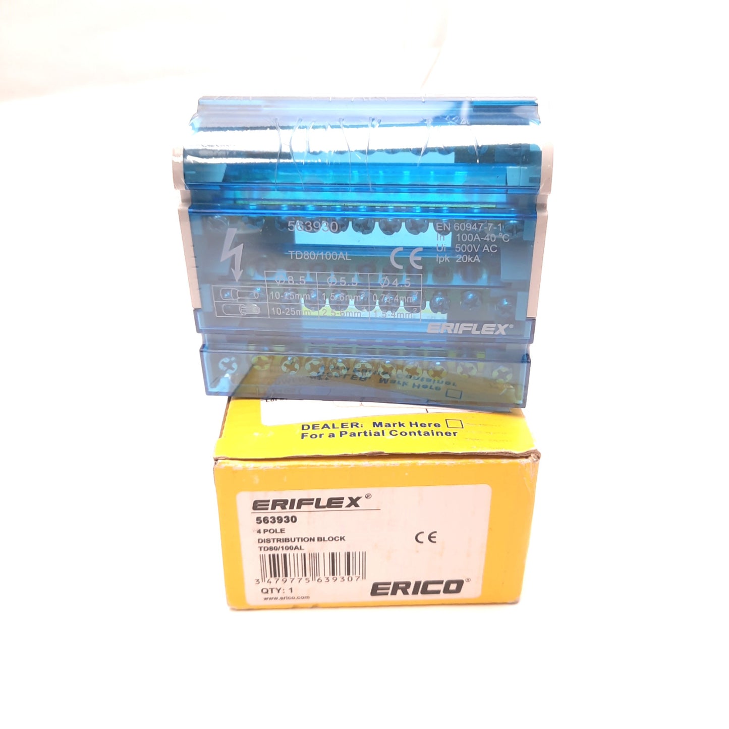 New Erico 563930 Compact 4 Pole Distribution Block 500VAC 100A DIN Rail