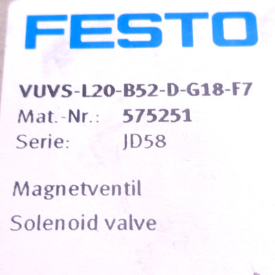 Used Festo VUVS-L20-B52-D-G18-F7 Solenoid Valve 5/2 Bistable, 700 L/Min, 1.5-10Bar