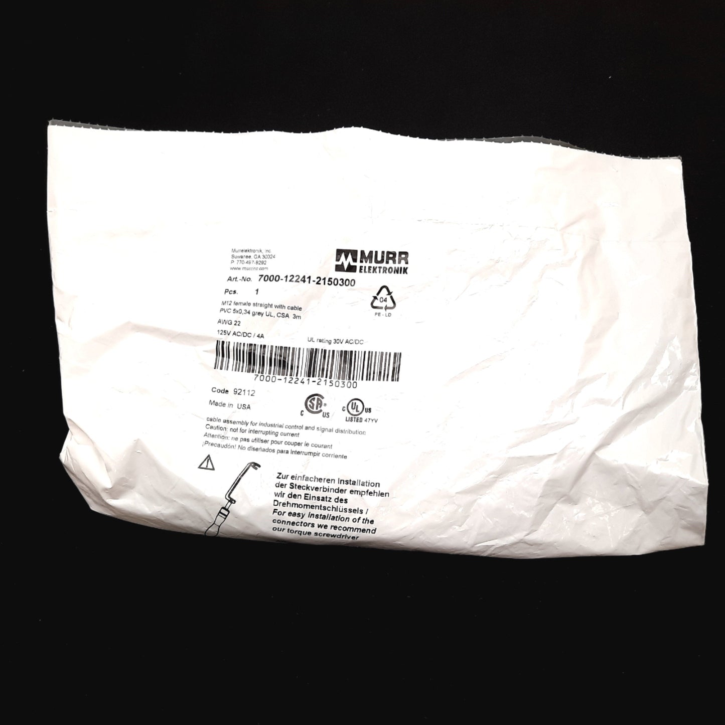 New Murr Elektronik 7000-12241-2150300 Connection Cable, 5-Pin M12 Female, 3m