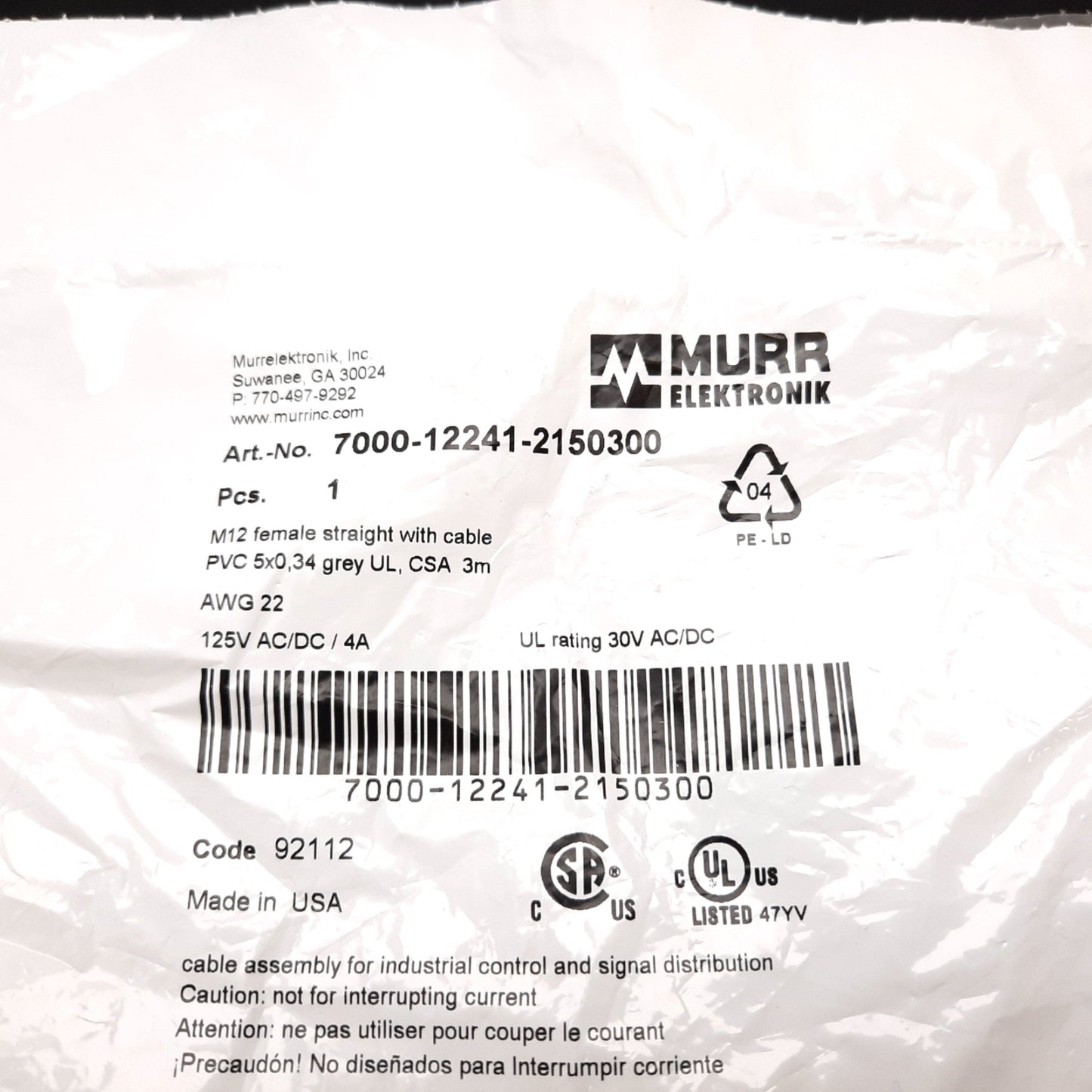 New Murr Elektronik 7000-12241-2150300 Connection Cable, 5-Pin M12 Female, 3m