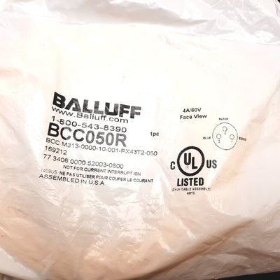 New Balluff BCC050R Cordset, 3-Pin M8 Female to Flying Leads, 5m Long, 60VAC/DC 4A