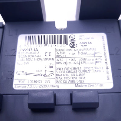 New Siemens 3RV2917-1A SIRIUS Busbar 3-Ph, Size S00/S0, 600v AC 63A, Infeed Left