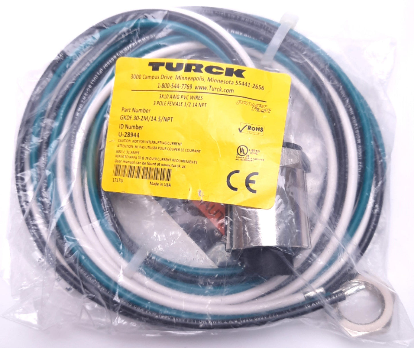 New Turck GKDF30-2M/14.5/NPT Powerfast Female Receptacle D 1-3/8" Size, 1/2-14 NPT