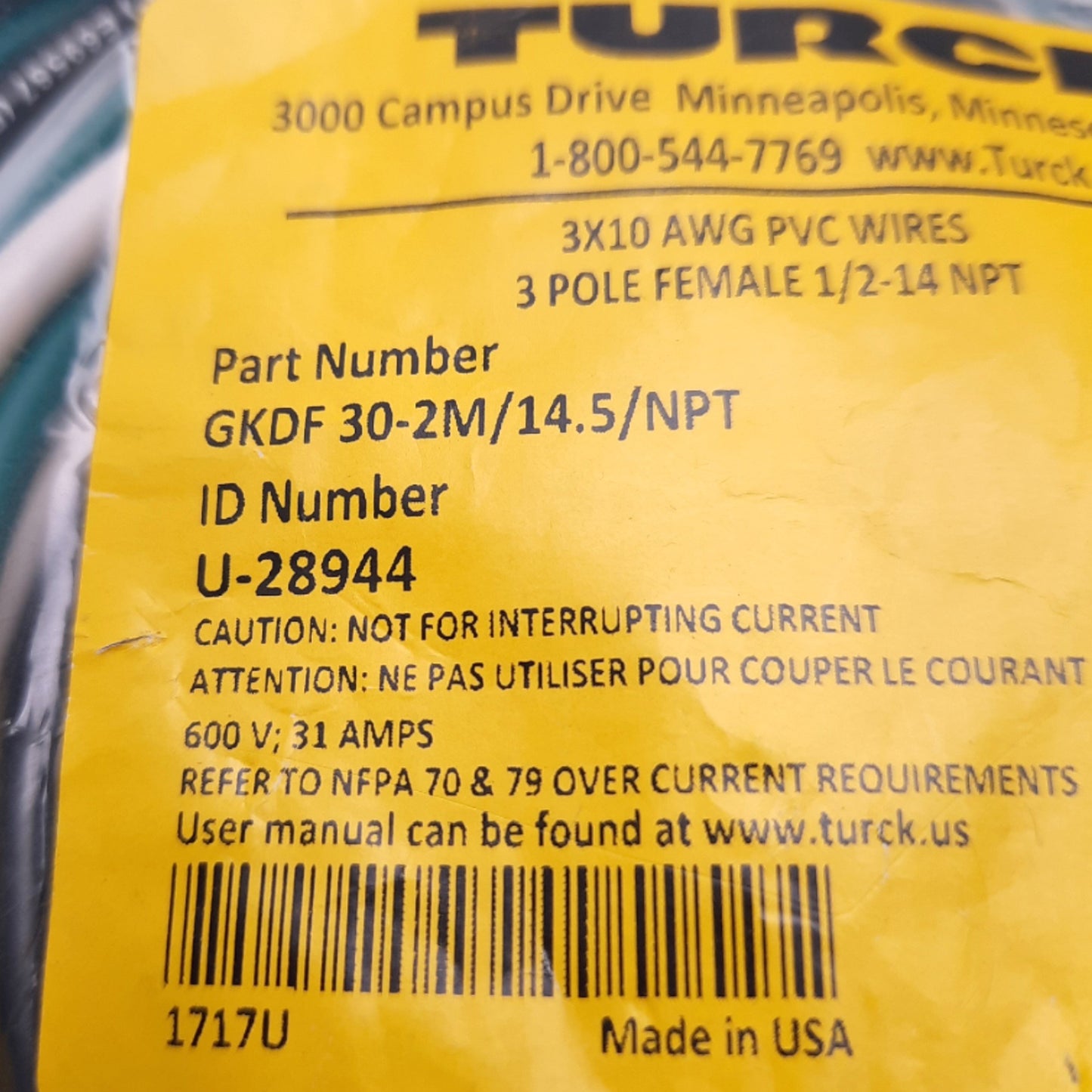 New Turck GKDF30-2M/14.5/NPT Powerfast Female Receptacle D 1-3/8" Size, 1/2-14 NPT