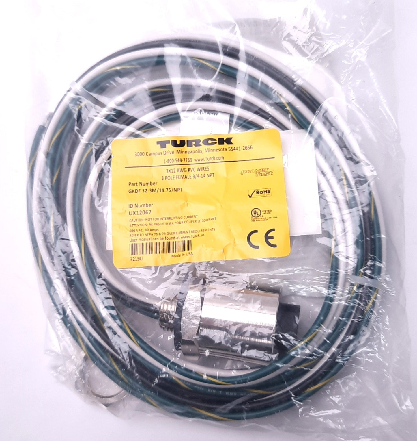 New Turck GKDF32-2M/14.75/NPT Powerfast Female Receptacle D 1-3/8" Size, 3/4-14 NPT