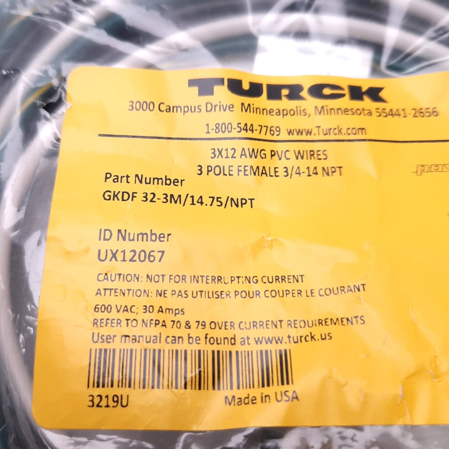 New Turck GKDF32-2M/14.75/NPT Powerfast Female Receptacle D 1-3/8" Size, 3/4-14 NPT