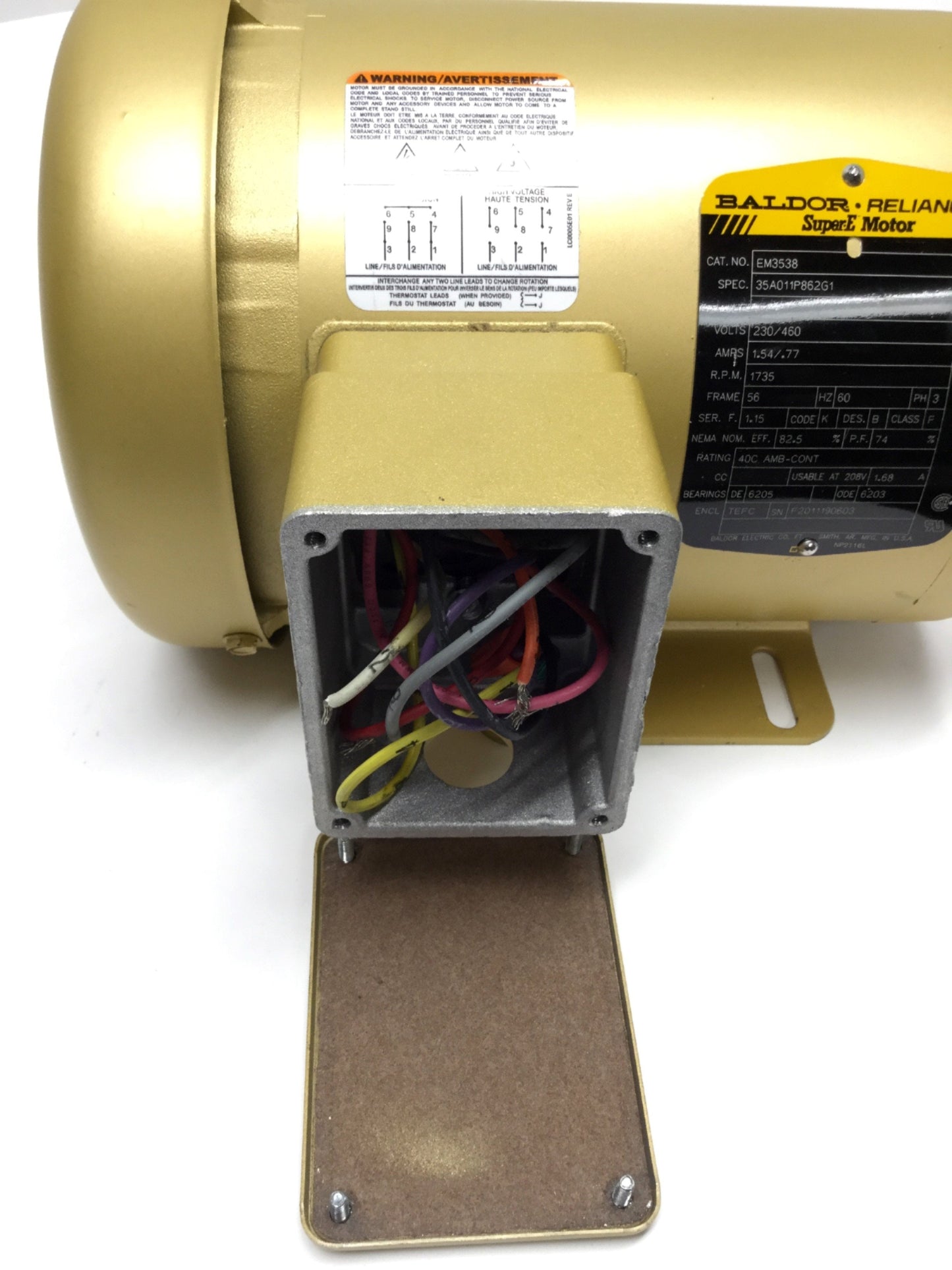 Used Baldor EM3538 SuperE AC Motor 230/460V 60Hz, 3-Phase, 1735RPM, 1/2HP, 56 Frame