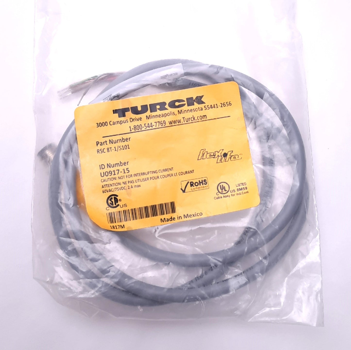 New Turck RSC8T-1/S101 U0917-15 Single End Cordset M12 8-Pin Male, 1m Length