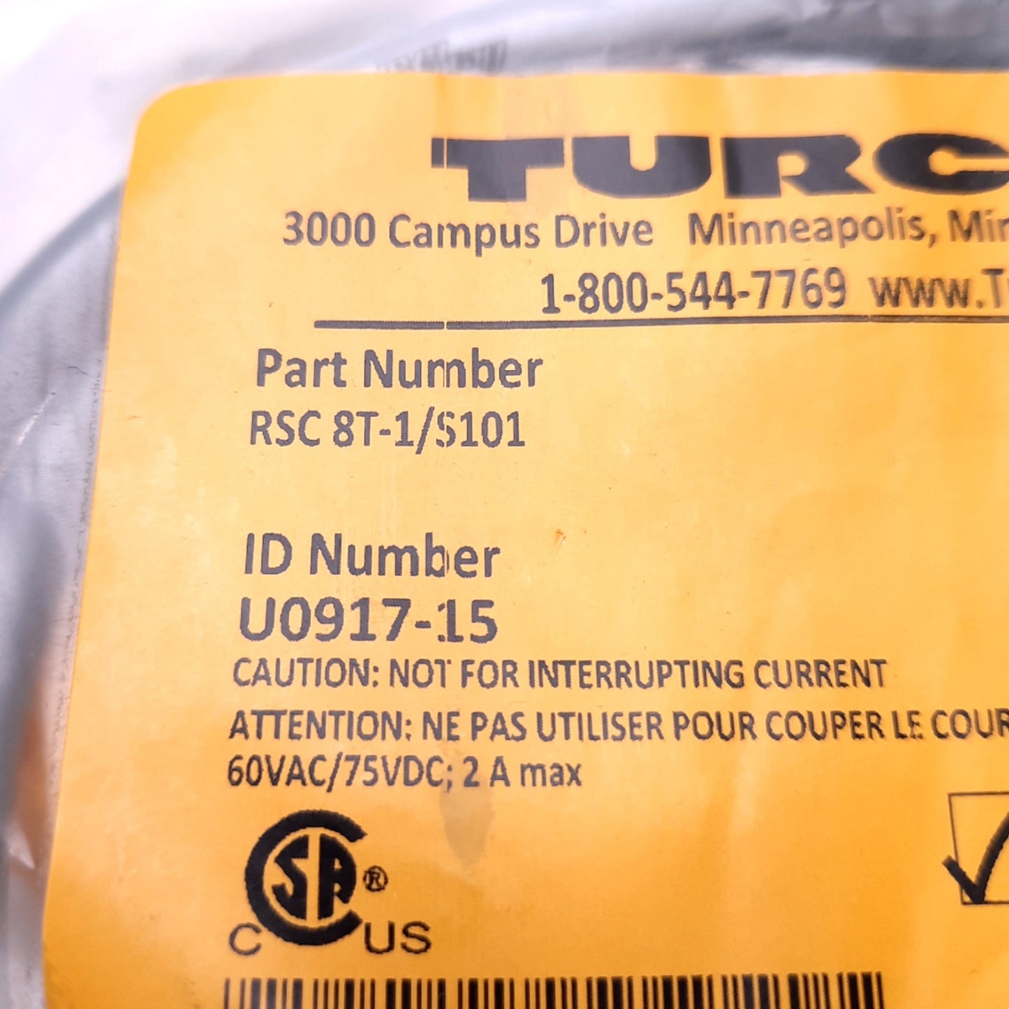 New Turck RSC8T-1/S101 U0917-15 Single End Cordset M12 8-Pin Male, 1m Length
