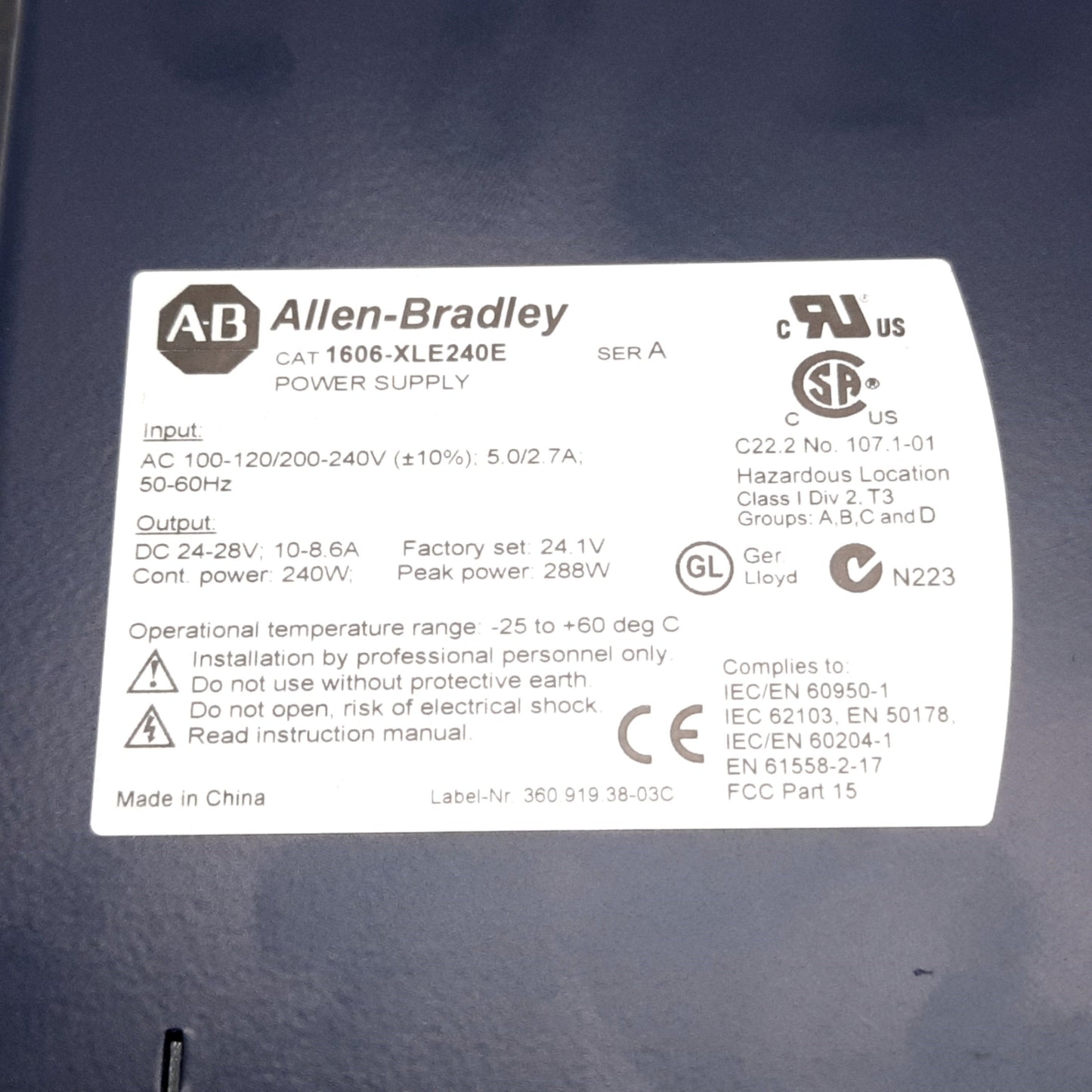 Used Allen Bradley 1606-XLE240E Power Supply, 100-120/200-240VAC In, 24-28VDC 10A Out