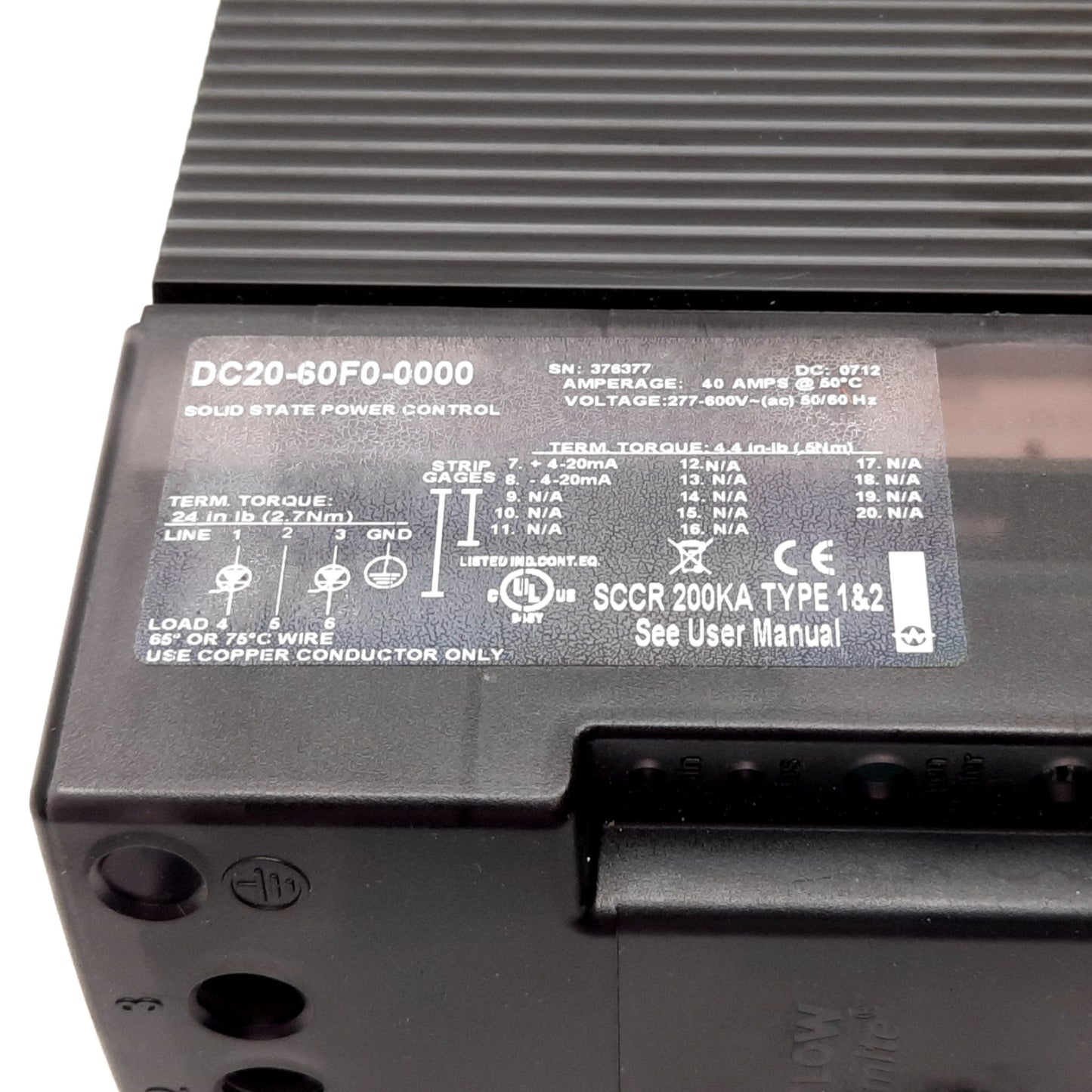 Used Watlow DC20-60F0-0000 Solid State Power Control, Voltage: 277-600VAC 50/60Hz