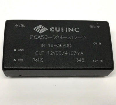 New – Open box CUI PQA50-D24-S12-D DC-DC Converter Power Supply 18-36VDC In, 12VDC 4.1A 50W Out