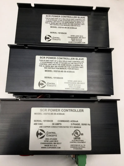 New – Open box Control Concepts 3321A-48-30-4/20mA 3-Phase SCR Power Controller, 480VAC, 30A