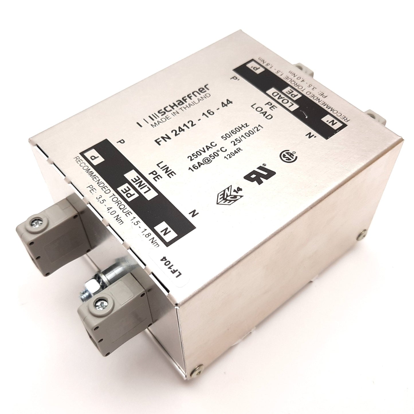 Used Schaffner FN2412-16-44 AC Power Line Filter, 0-400Hz, 250VAC, DIN Rail Mounting