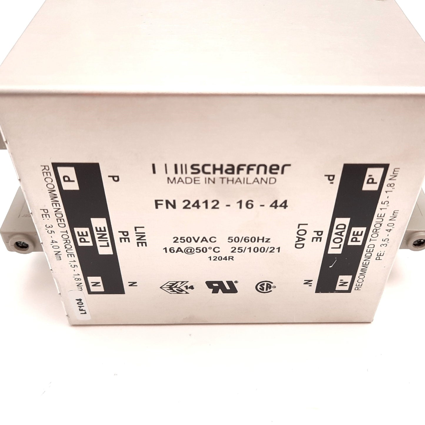 Used Schaffner FN2412-16-44 AC Power Line Filter, 0-400Hz, 250VAC, DIN Rail Mounting