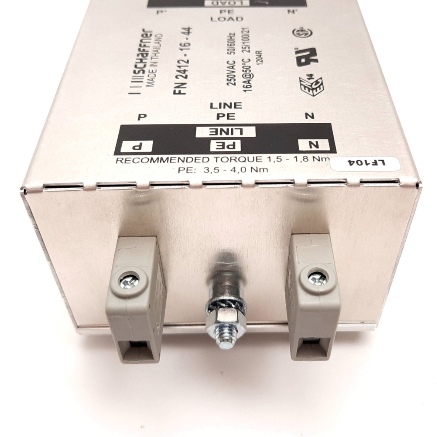 Used Schaffner FN2412-16-44 AC Power Line Filter, 0-400Hz, 250VAC, DIN Rail Mounting