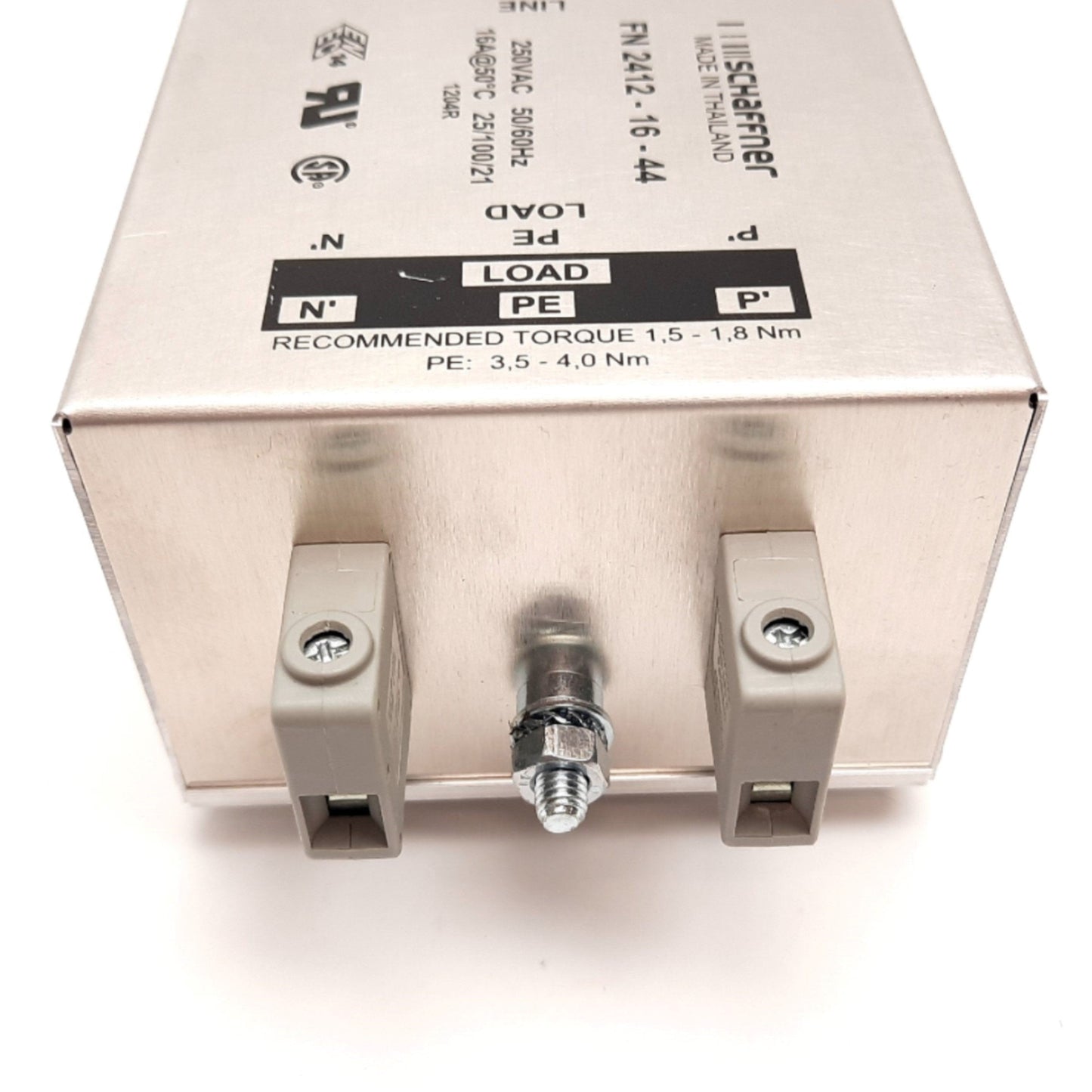 Used Schaffner FN2412-16-44 AC Power Line Filter, 0-400Hz, 250VAC, DIN Rail Mounting