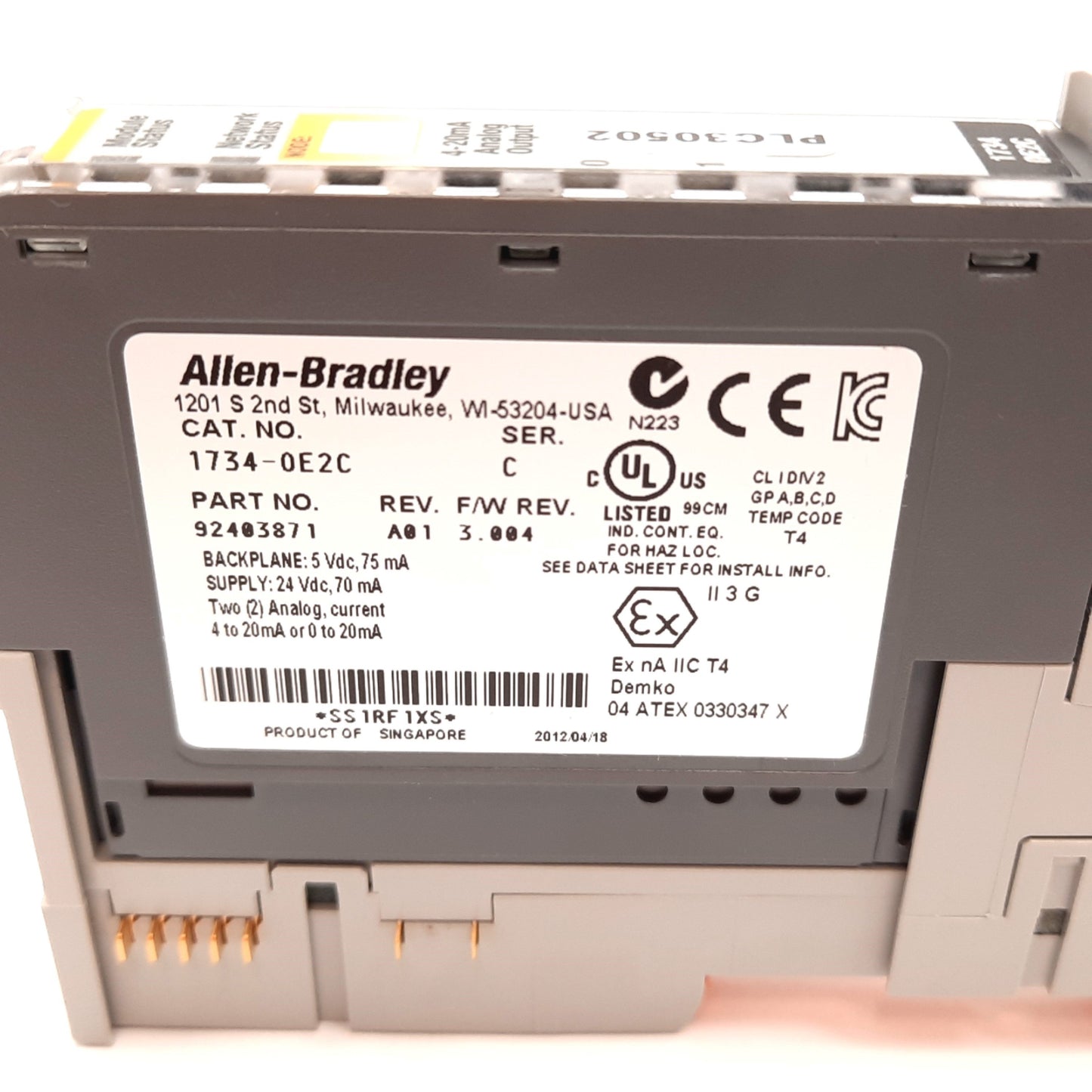 Used Allen Bradley 1734-OE2C Analog Output Module 2-Channel Current 0/4-20mA w/Socket