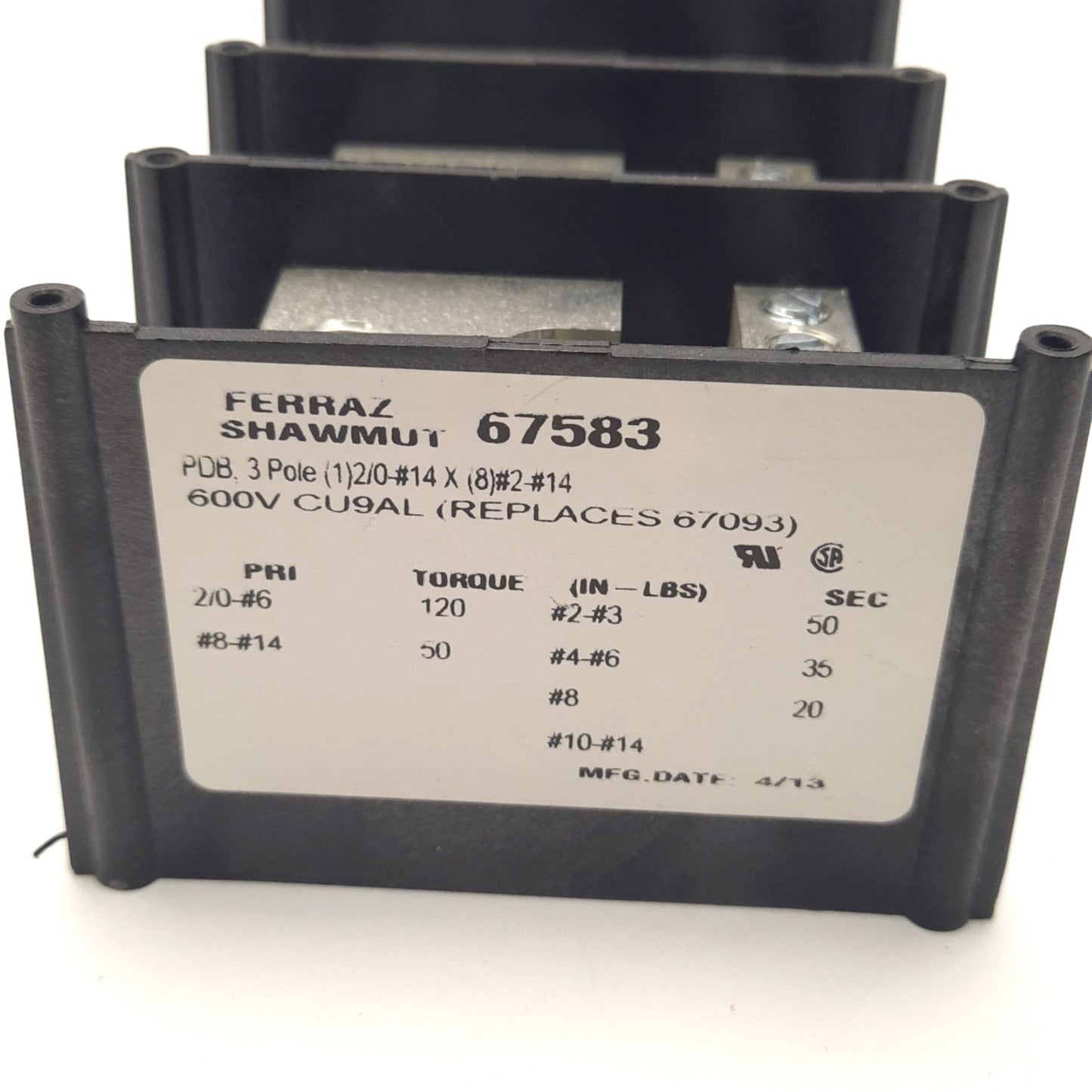 New – Open box Ferraz Shawmut 67583 Power Distribution Block 3P 175A, 600V, 5" x 4" Base