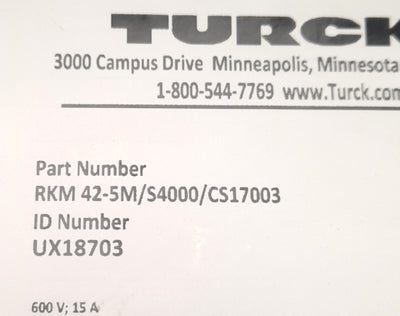 New Turck RKM42-5M/S4000/CS17003 UX18703 Powerfast Cable 7/8" Female to Leads