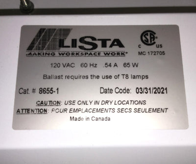 New Lista 8655-1 Dual Fluorescent Lamp Workbench Light Fixture, T8 Ballast, 60" L