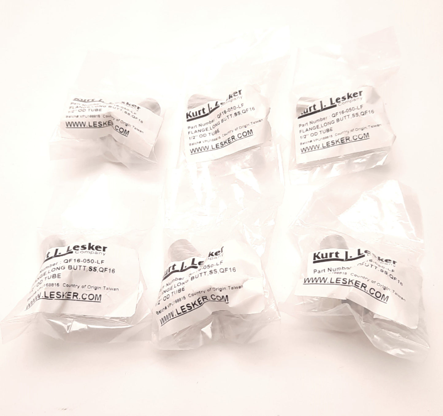 New Lot of 6 Kurt J Lesker QF16-050-LF Long-Butt Flange for 1/2" Tube, 0.375" Bore