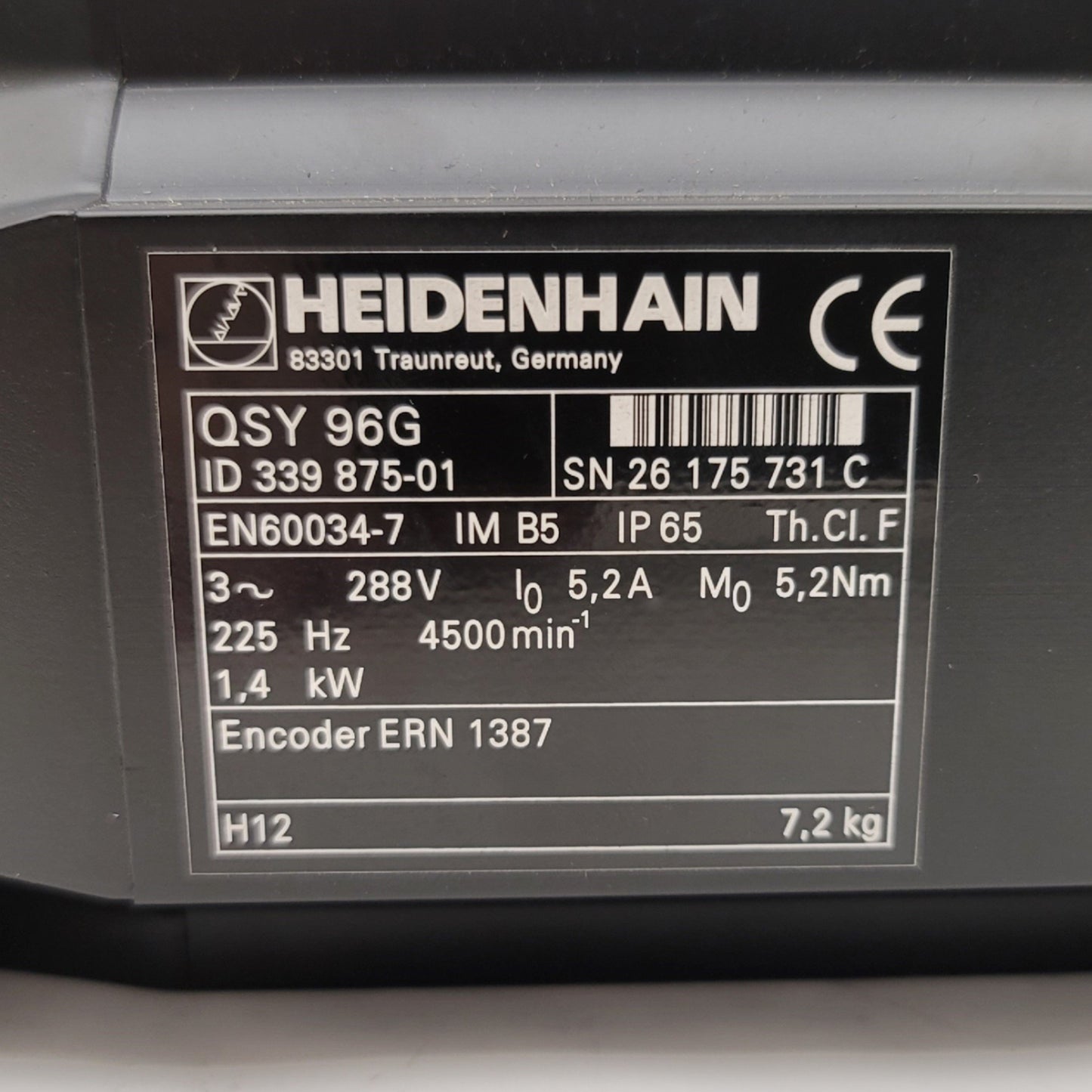 New Heidenhain QSY 96 G Synchronous Motor 5.2Nm, 1.4Kw, 4500RPM, 290VAC 3-Ph, 5.2A