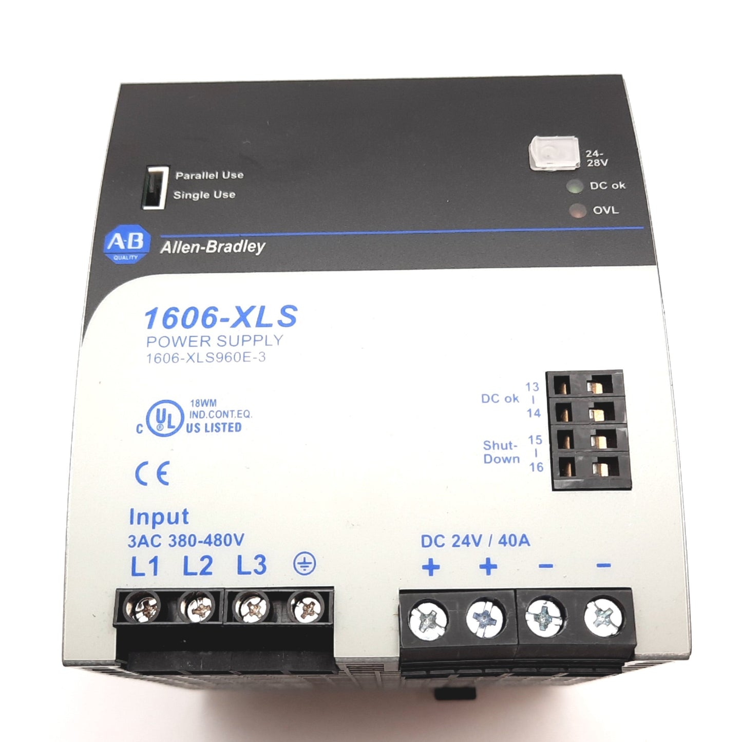 Used Allen Bradley 1606-XLS960E-3 Power Supply, In: 3Ph 380-480VAC, Out: 24VDC 40A