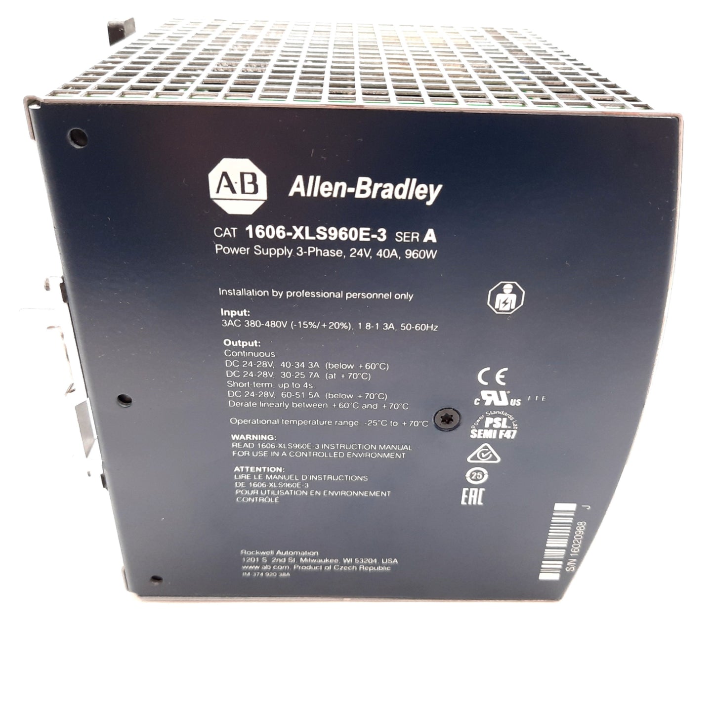 Used Allen Bradley 1606-XLS960E-3 Power Supply, In: 3Ph 380-480VAC, Out: 24VDC 40A