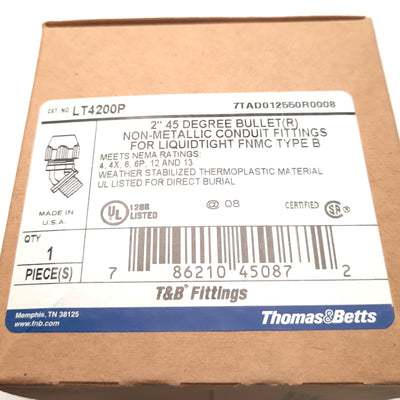 New Thomas & Betts LT4200P Liquid Tight Bullet Connector 45 Degree 2" NPT, 0.764" L