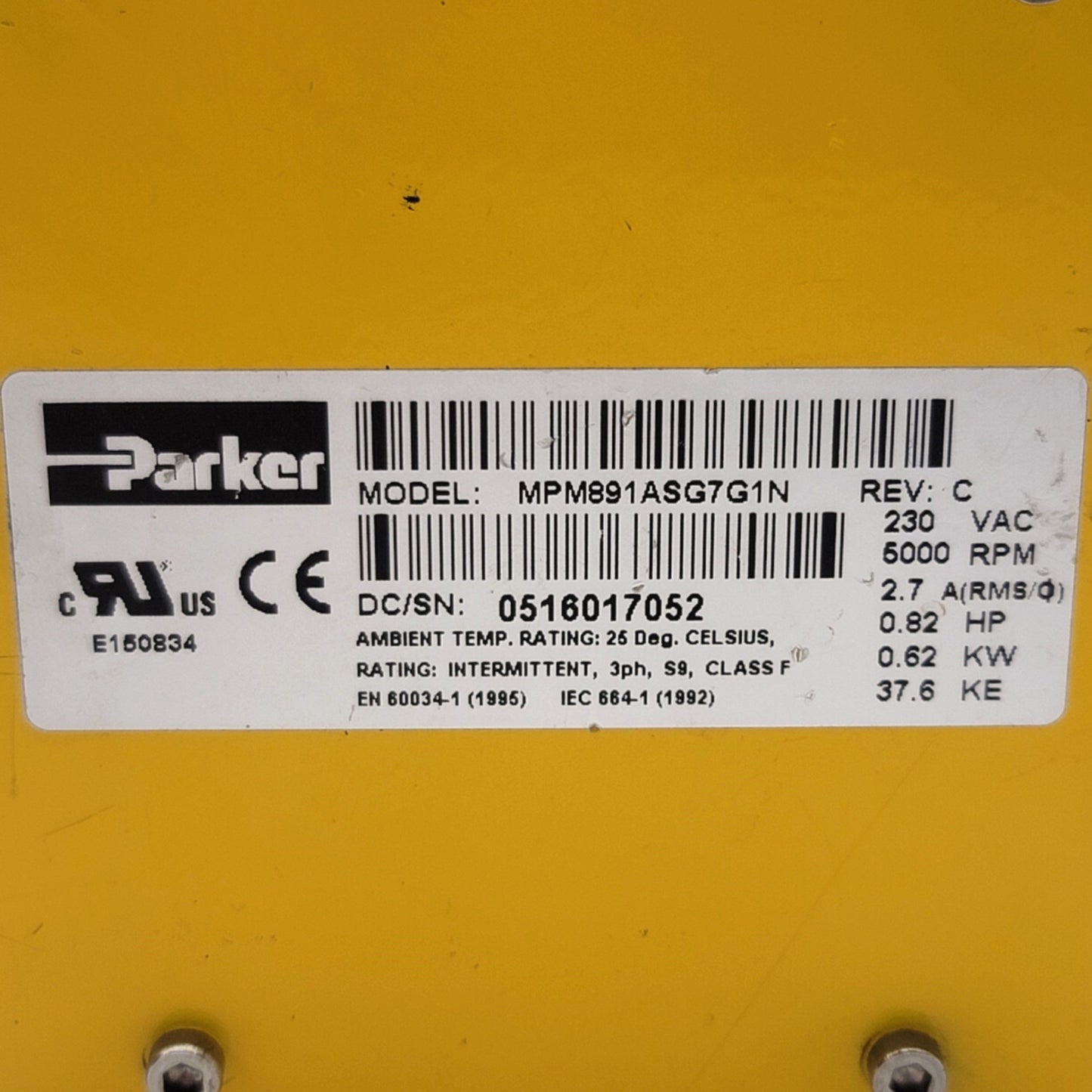 Used Parker MTS MPM891ASG7G1N MaxPlus Servo Motor 230VAC, 2.7A, 0.62kW, 89mm Frame