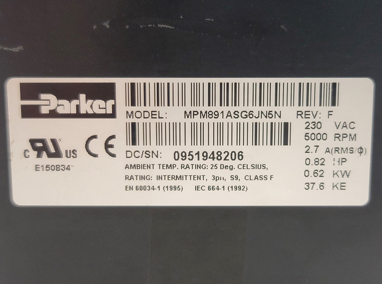 Used Parker MTS MPM891ASG6JN5N MaxPlus Servo Motor 230VAC, 2.7A, 0.62kW, 1/2" Shaft