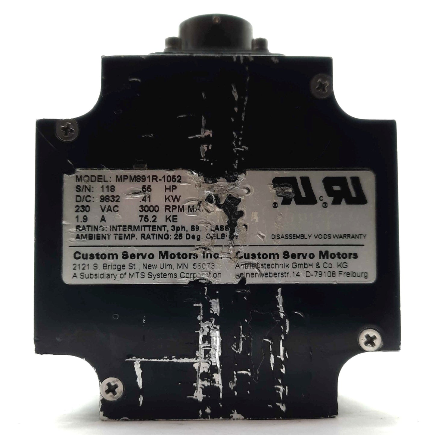 Used Parker MTS MPM891R-1052 MaxPlus Servo Motor 230VAC, 1.9A, 0.41kW, 5/8" Shaft