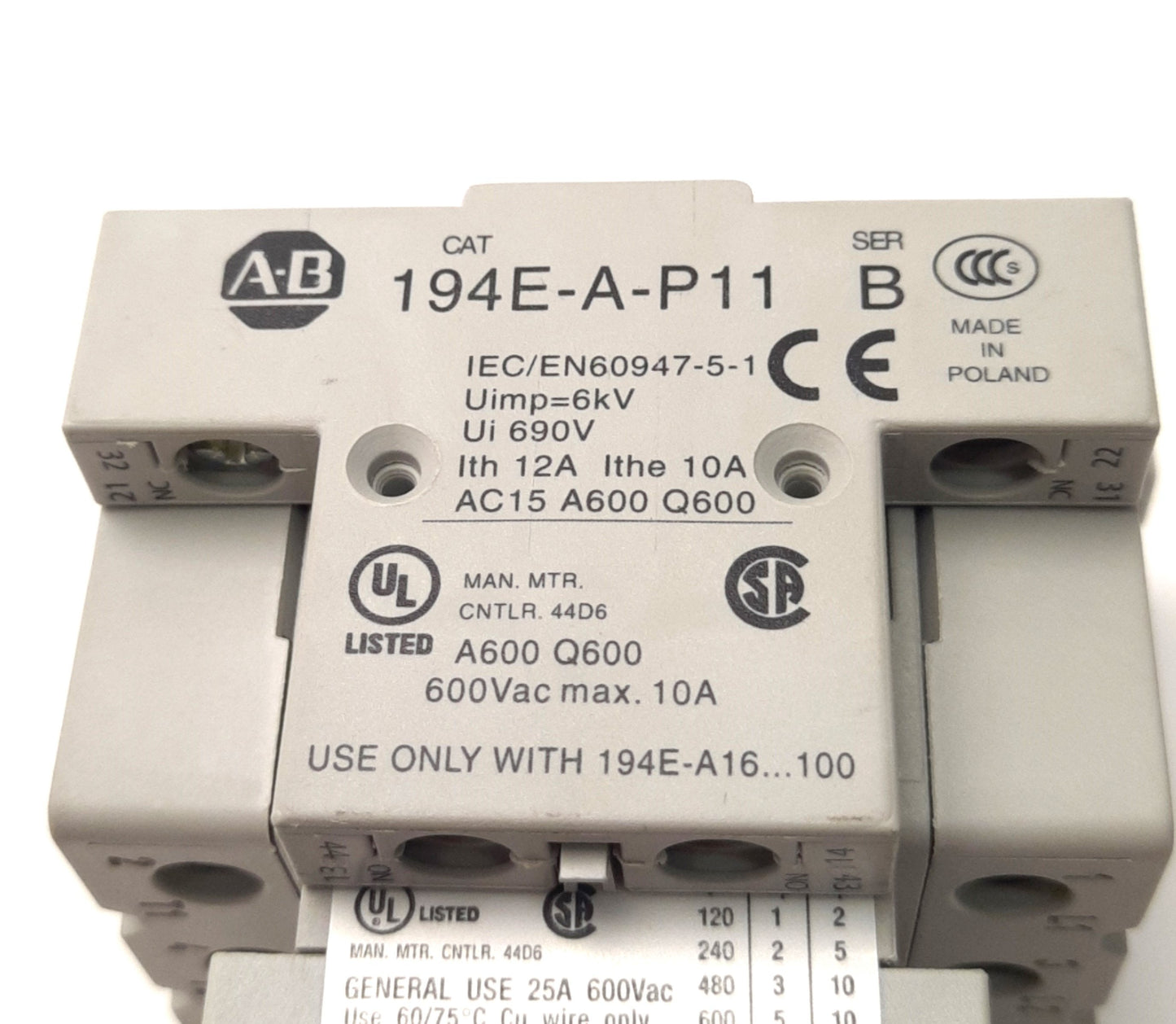 New Allen-Bradley 194E-A25-1753 B Load Disconnect Switch 25A 3-Pole, 2" Rod W/ Aux