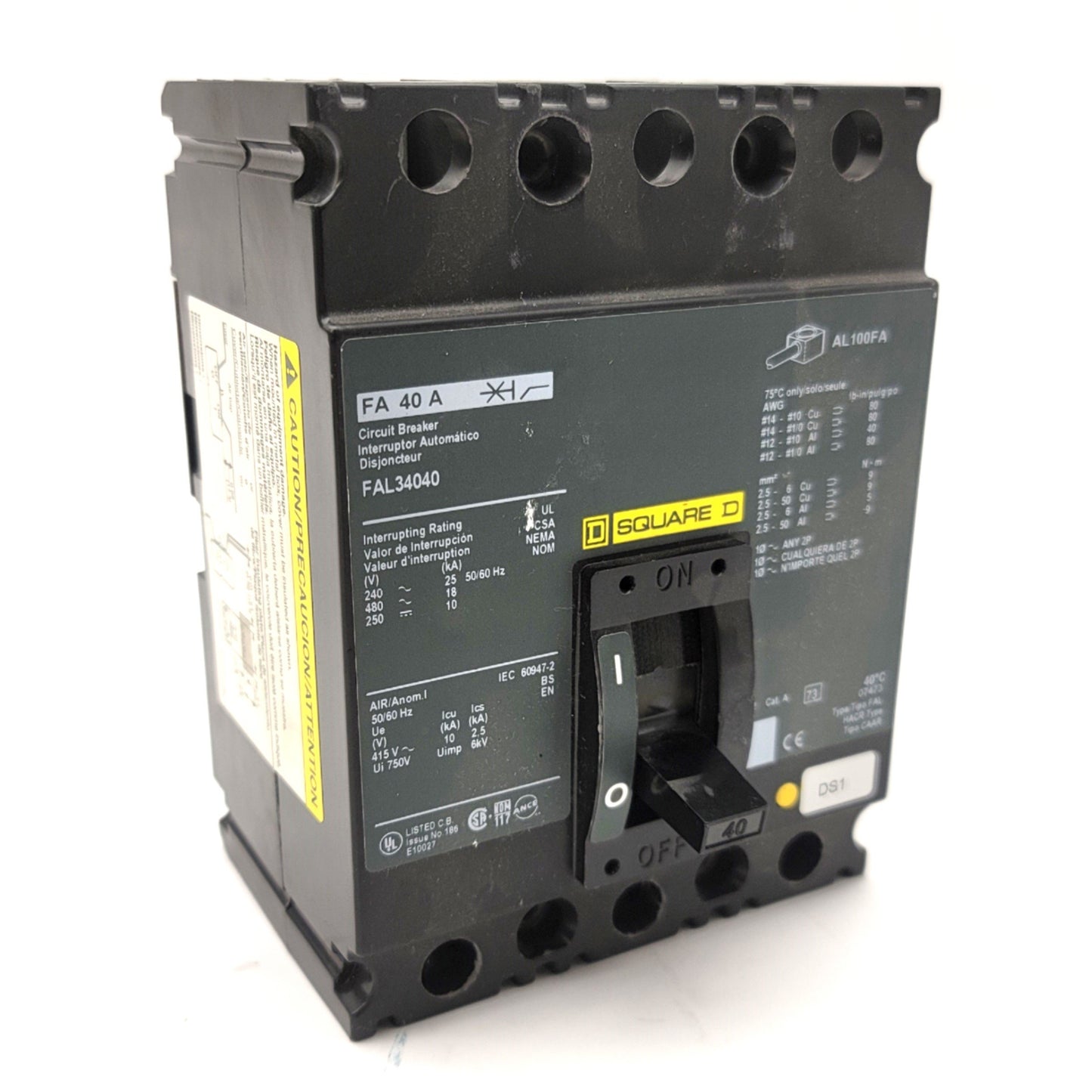 Used Square D FAL34040 Thermal Magnetic Circuit Breaker 40A 3-Pole 480VAC
