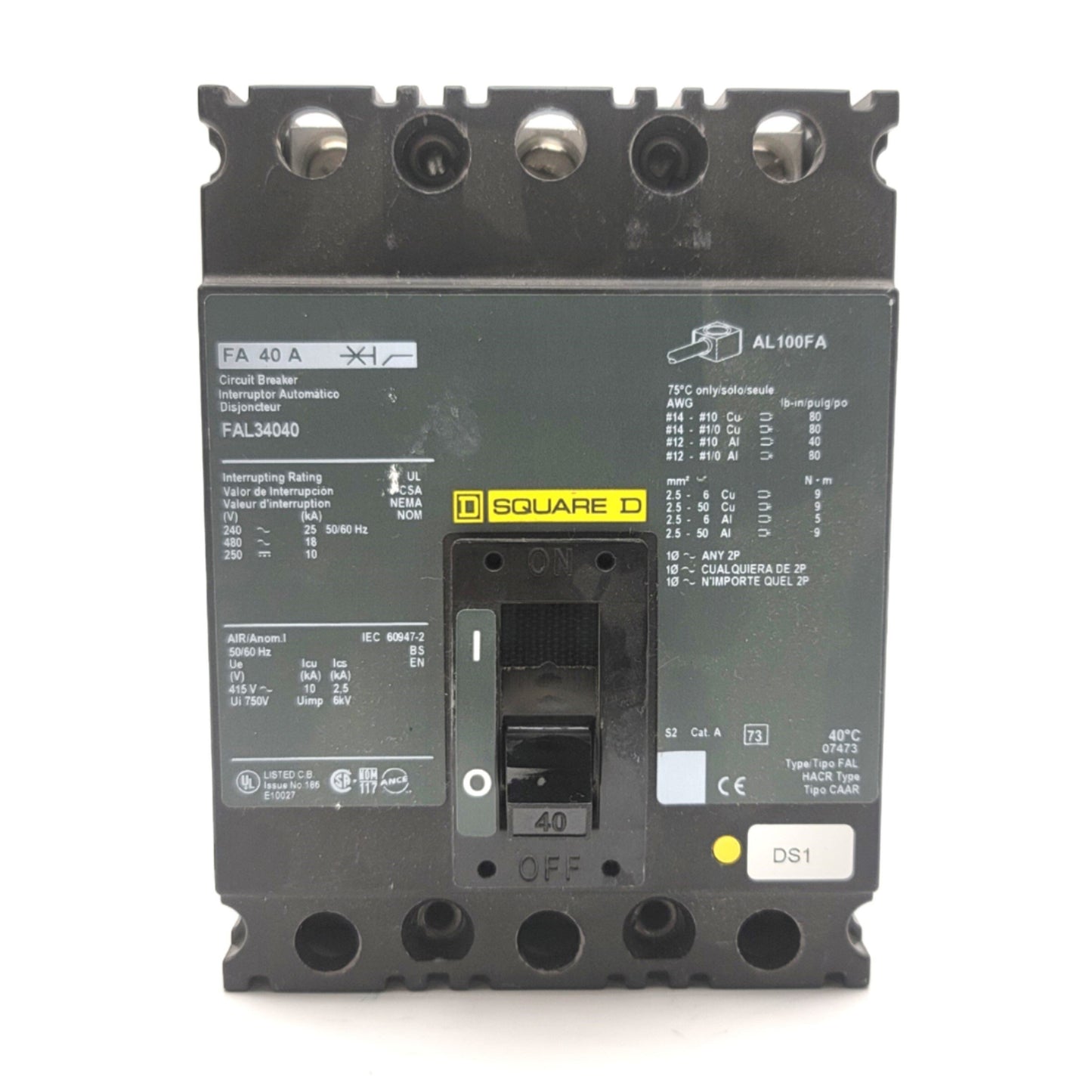 Used Square D FAL34040 Thermal Magnetic Circuit Breaker 40A 3-Pole 480VAC